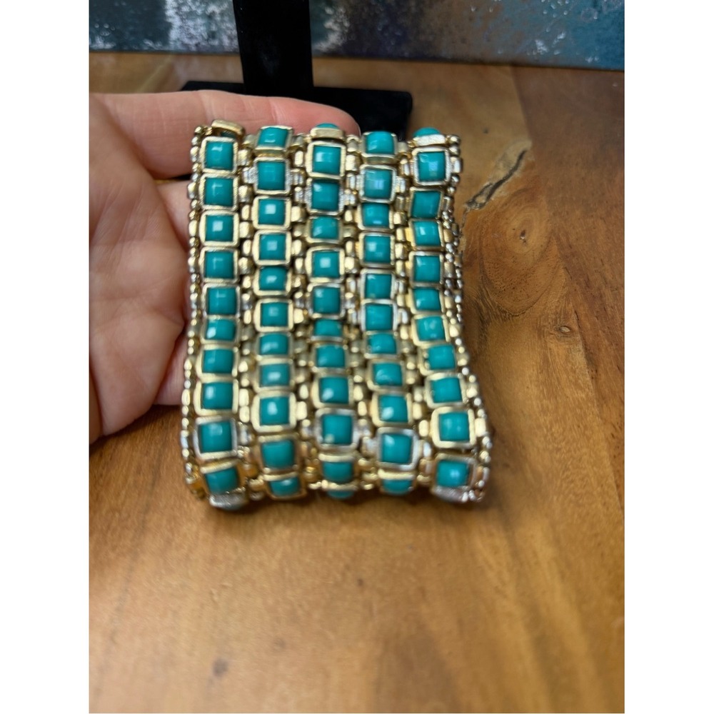 Western Boho Faux Turquoise Gold-Tone Stretch Cuff Bracelet VGUC - Picture 3 of 9